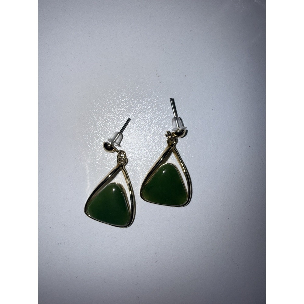 Green Gold Tone Jade Color Earrings Dangle Triangle